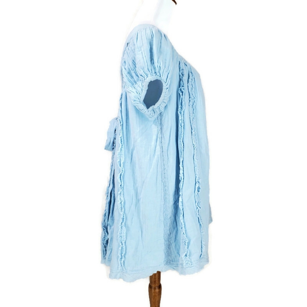Free People Angele Gauzy Mini Dress Boho Summer Blue Oversized Puff Sleeve XS - Picture 6 of 15